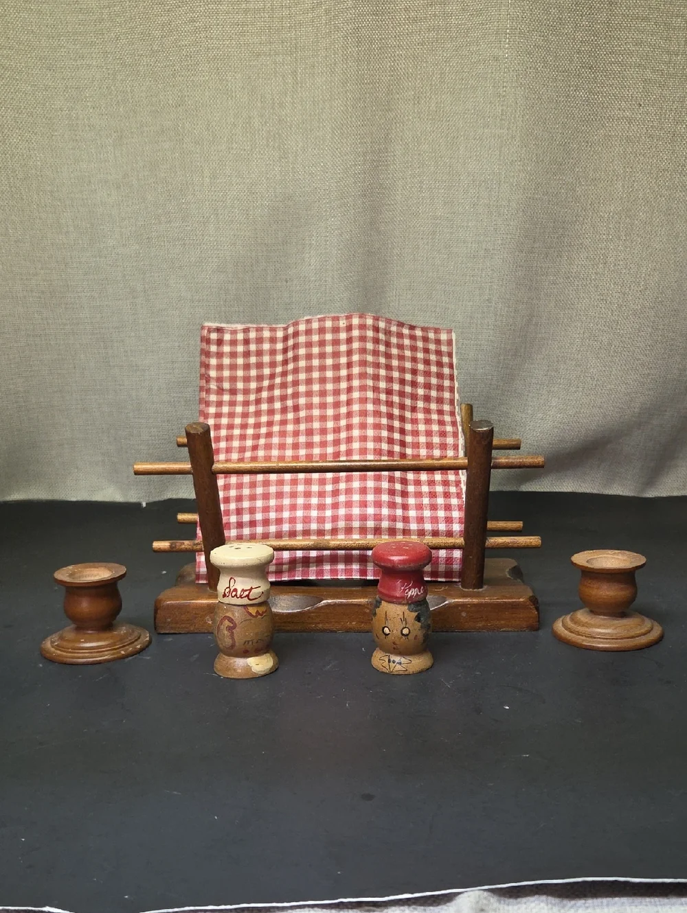 Vtg CORNWALL WOOD PRODUCTS Spindle Napkin/Letter Holder, S&P, Candle Holders